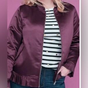 Lane Bryant Satin Ruffle Bomber Jacket Plum Purple Size 14/16 Feminine Layer